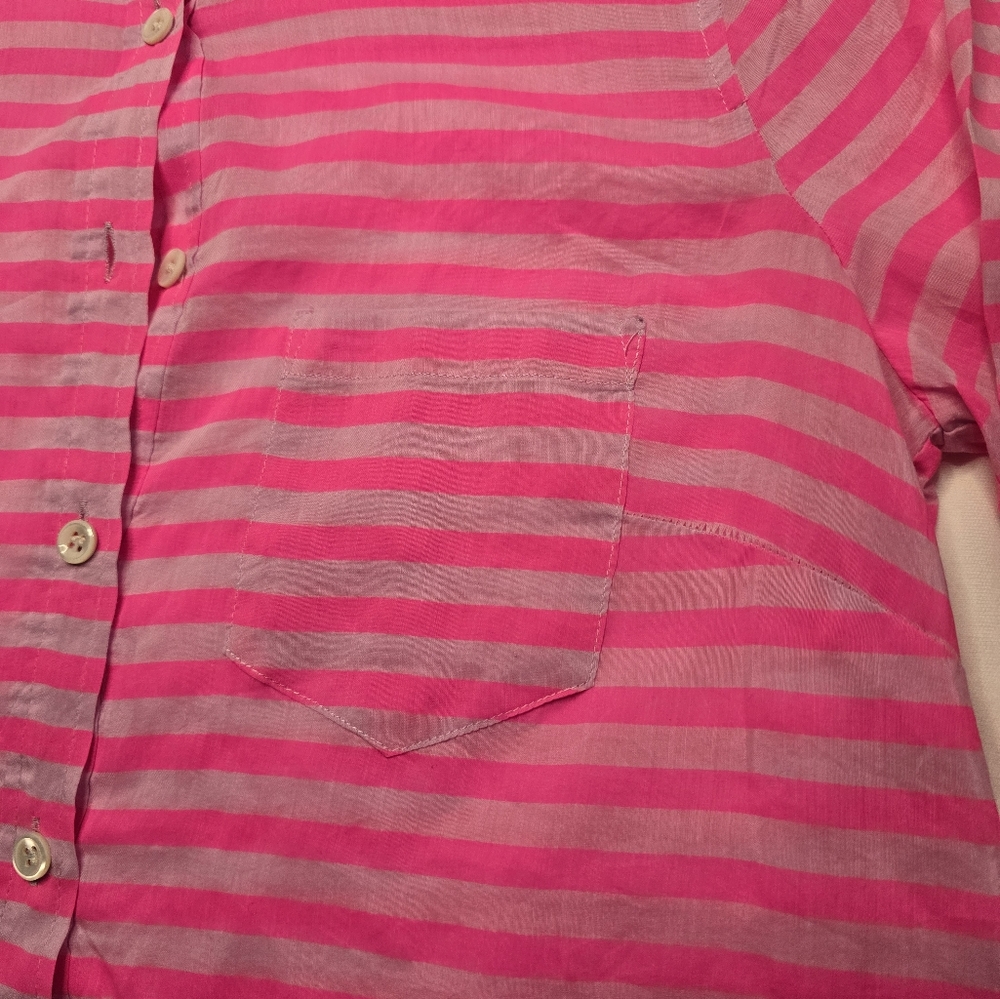 J CREW Hot Pink Stripe Cotton Silk 1/2 Button Popover Shirt sz 2 - Picture 6 of 6